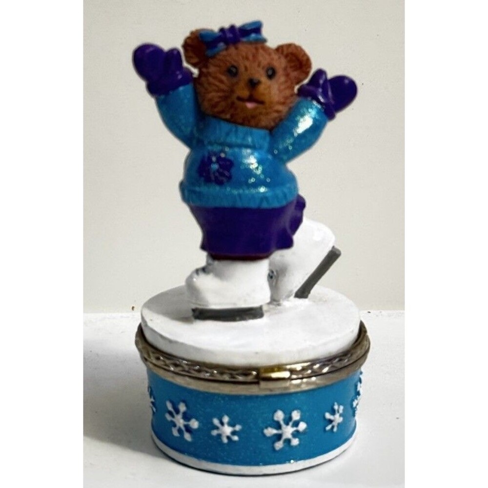 Vintage Ice Skating Teddy Bear Hinged Trinket Box Claires 1999